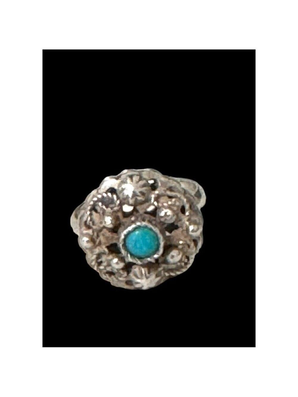 Antique Mexican Sterling Silver Filigree Flower Ring Turquoise Stone Sz 7.75 - Picture 6 of 10